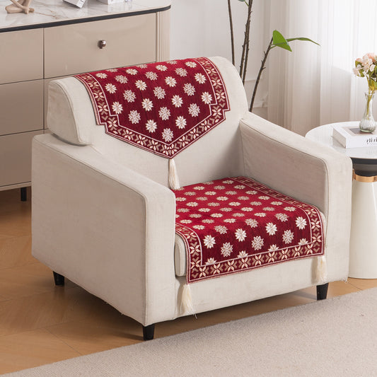 Heritage Weave Premium Jacquard Sofa Cover Set with Tassels -  Crimson Red