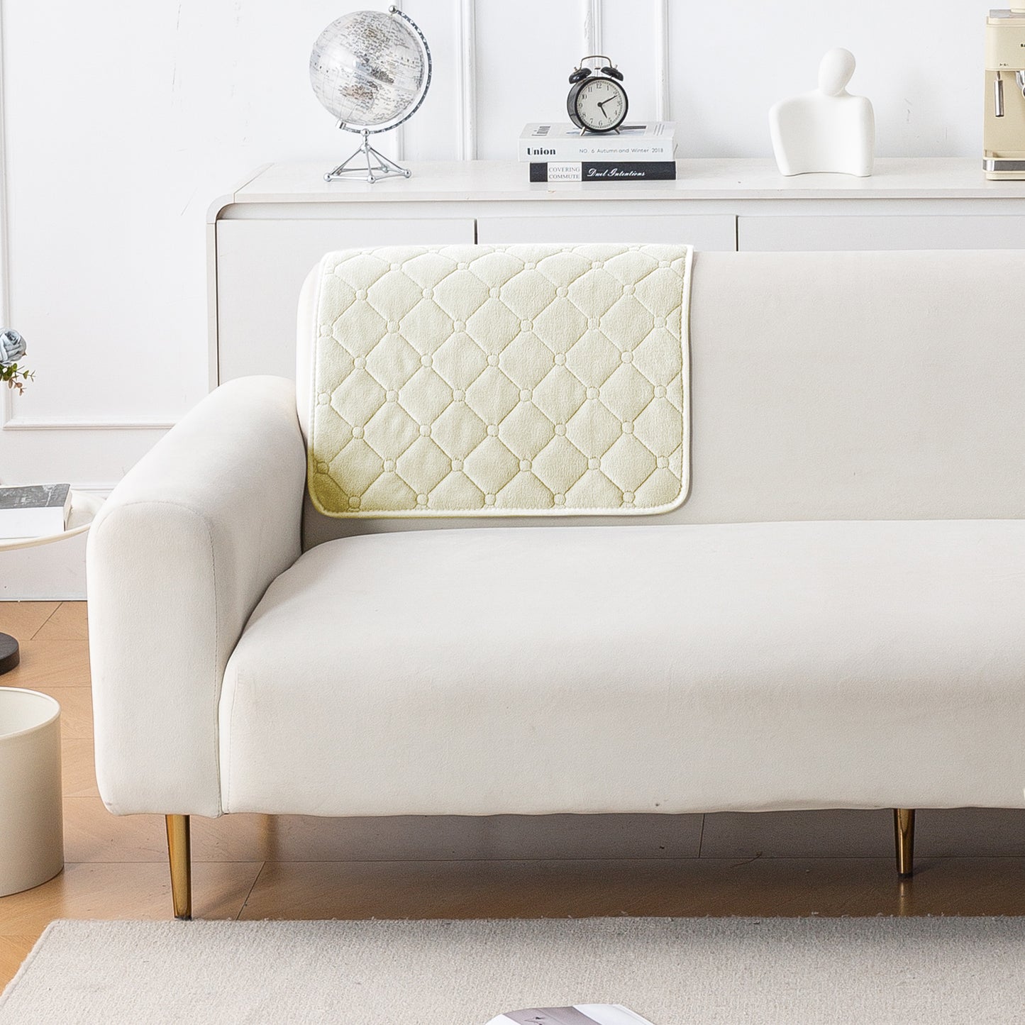 Diamond Tuft Plush Sofa Cover Mat, Ivory Cream