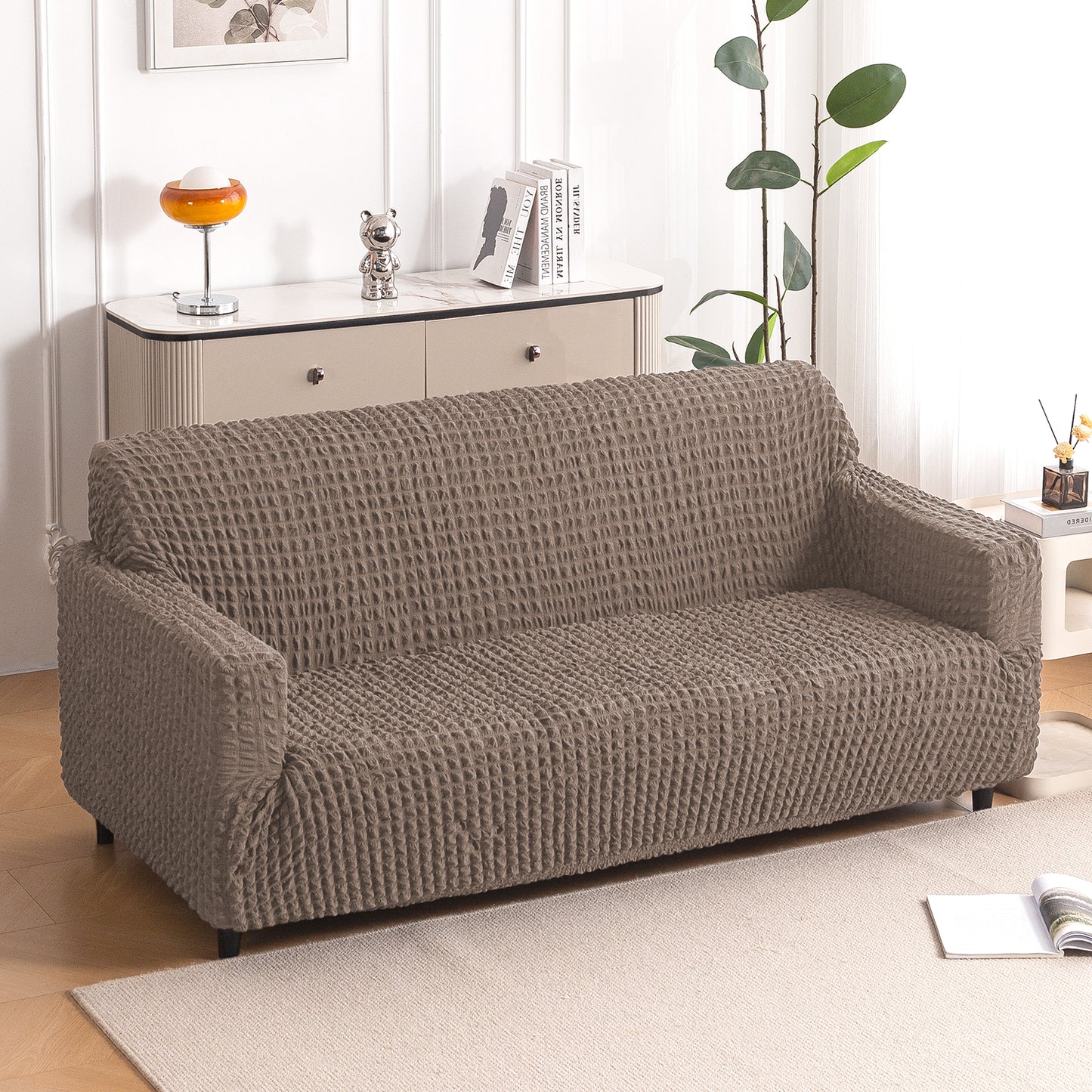 Aria Nova Elastic 280 GSM Stretchable Bubble Sofa Cover , Mocha Brown