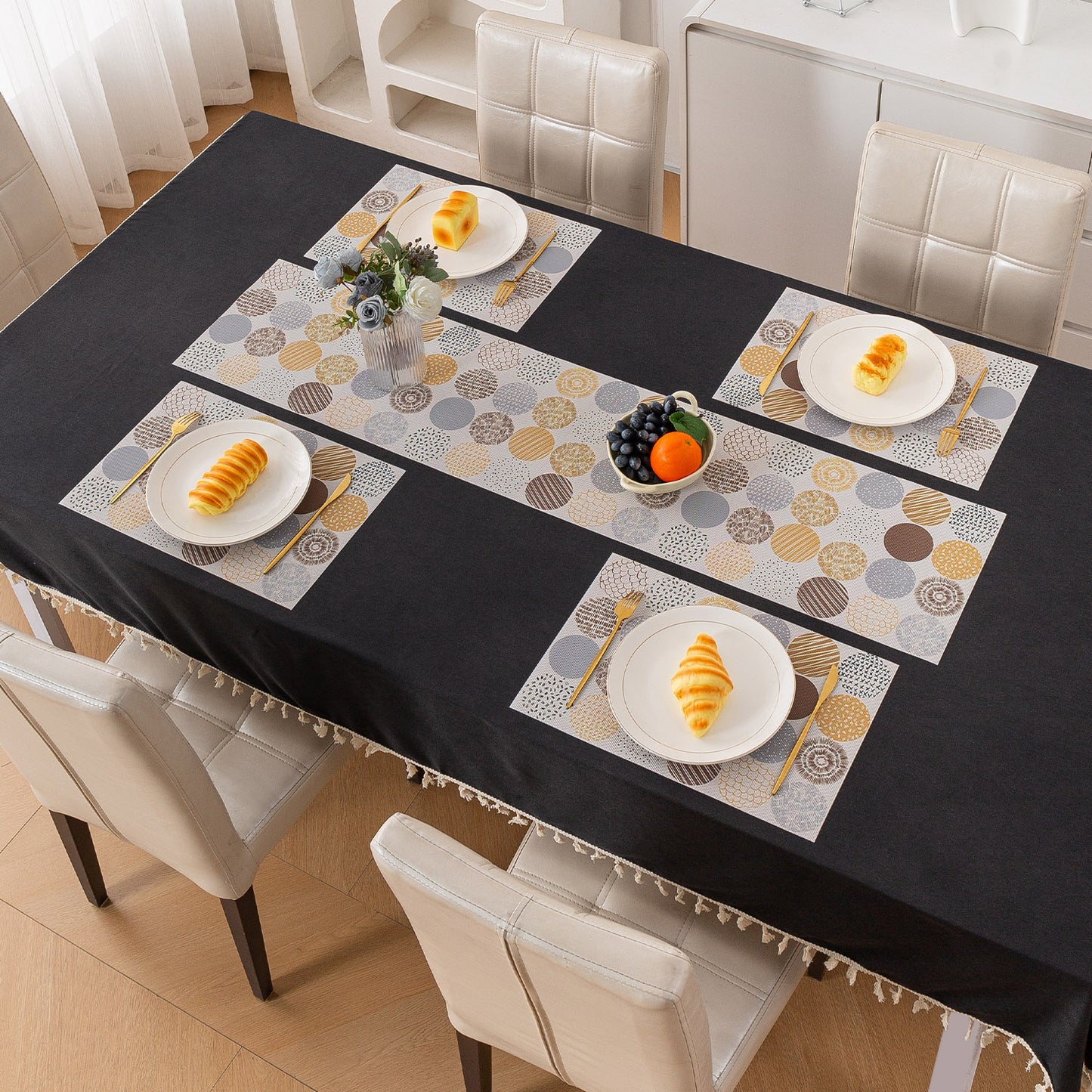 Color Splash PVC Mats for Dining Table, Abstract Circles - Olive Brown