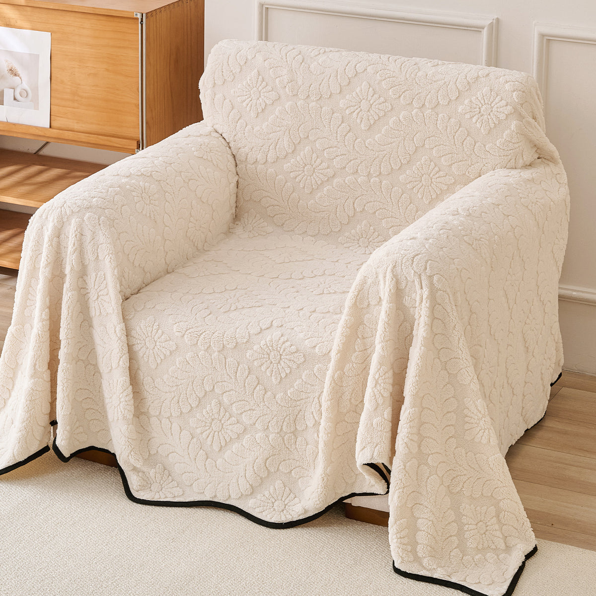 Buy Light Cream Colour Wavy Petal Crest Series Plush Sofa Throw Cover | HOKIPO 