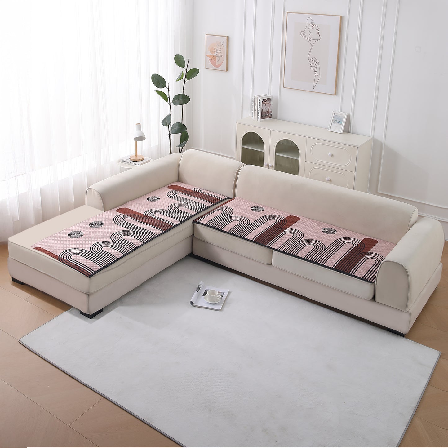 LiefNest Printed Holland Velvet L Shape Sofa Seat Mat with Foam Filling - Modern Archscape Mauve Blush