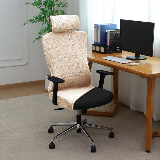 Office Chair Cover with Headrest (High-Back) – 170 GSM Stretch Jacquard – Washable, Anti-Slip Fit for Ergonomic Mesh Office Chairs, Beige