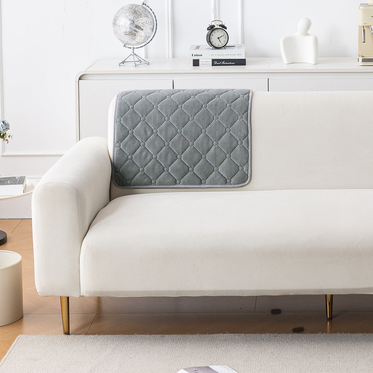 Diamond Tuft Plush Sofa Cover Mat, Stone Grey