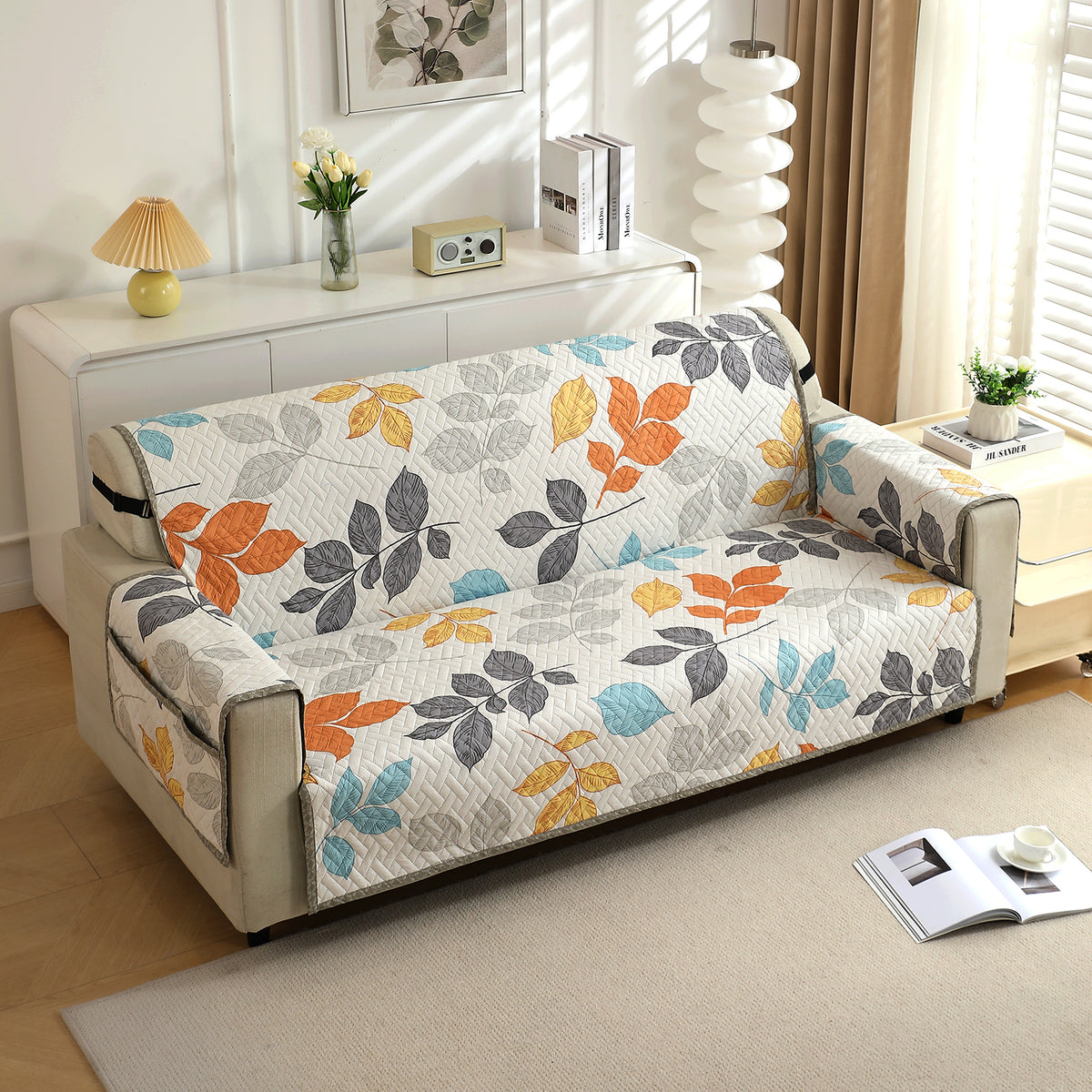 Quilted Sofa Cover with Pockets, Multicolor Leaves