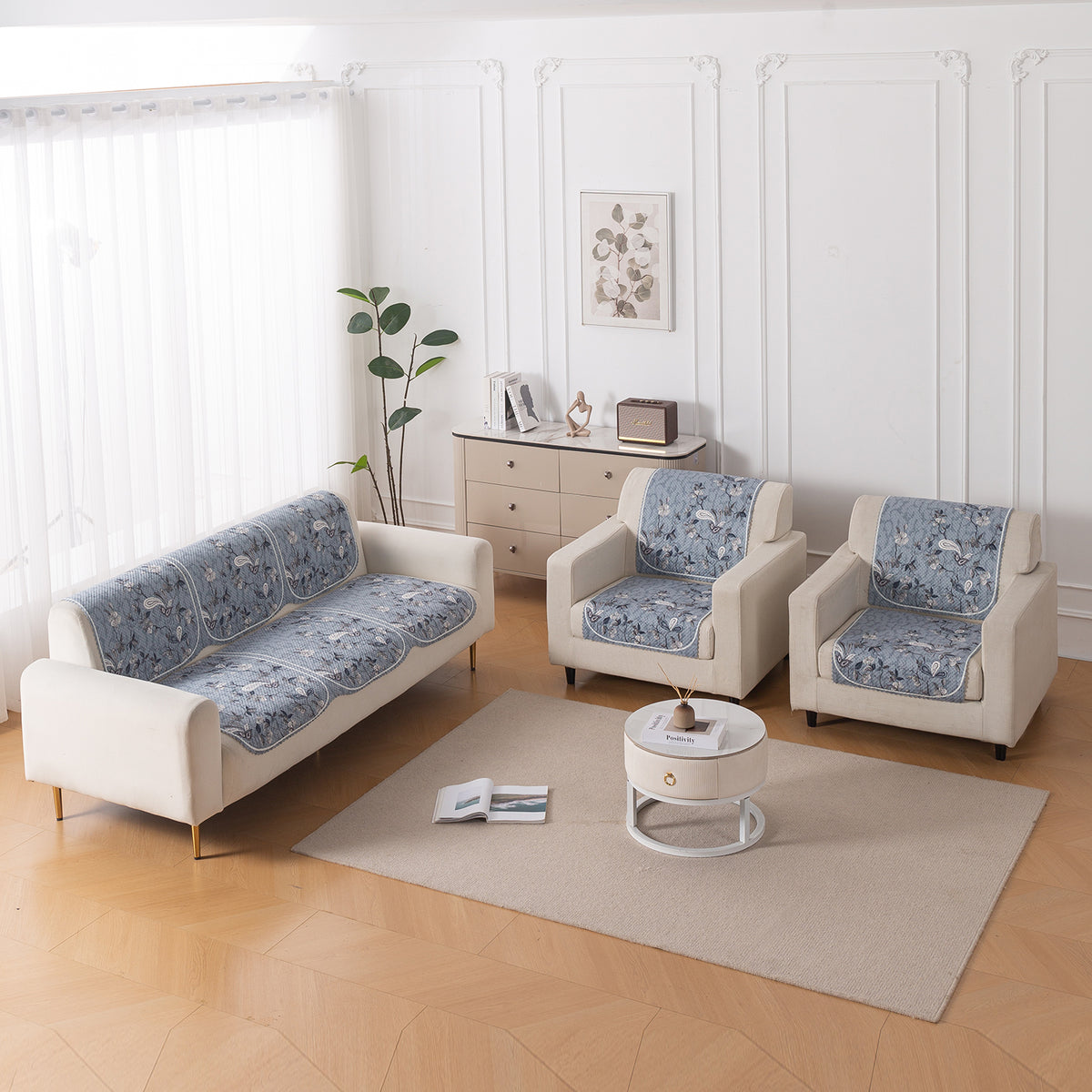 HeavenHue Fleece Soft Touch Quilted Sofa Cover Set Washable Sofa Panel for Seat & Back - Frosted Petals