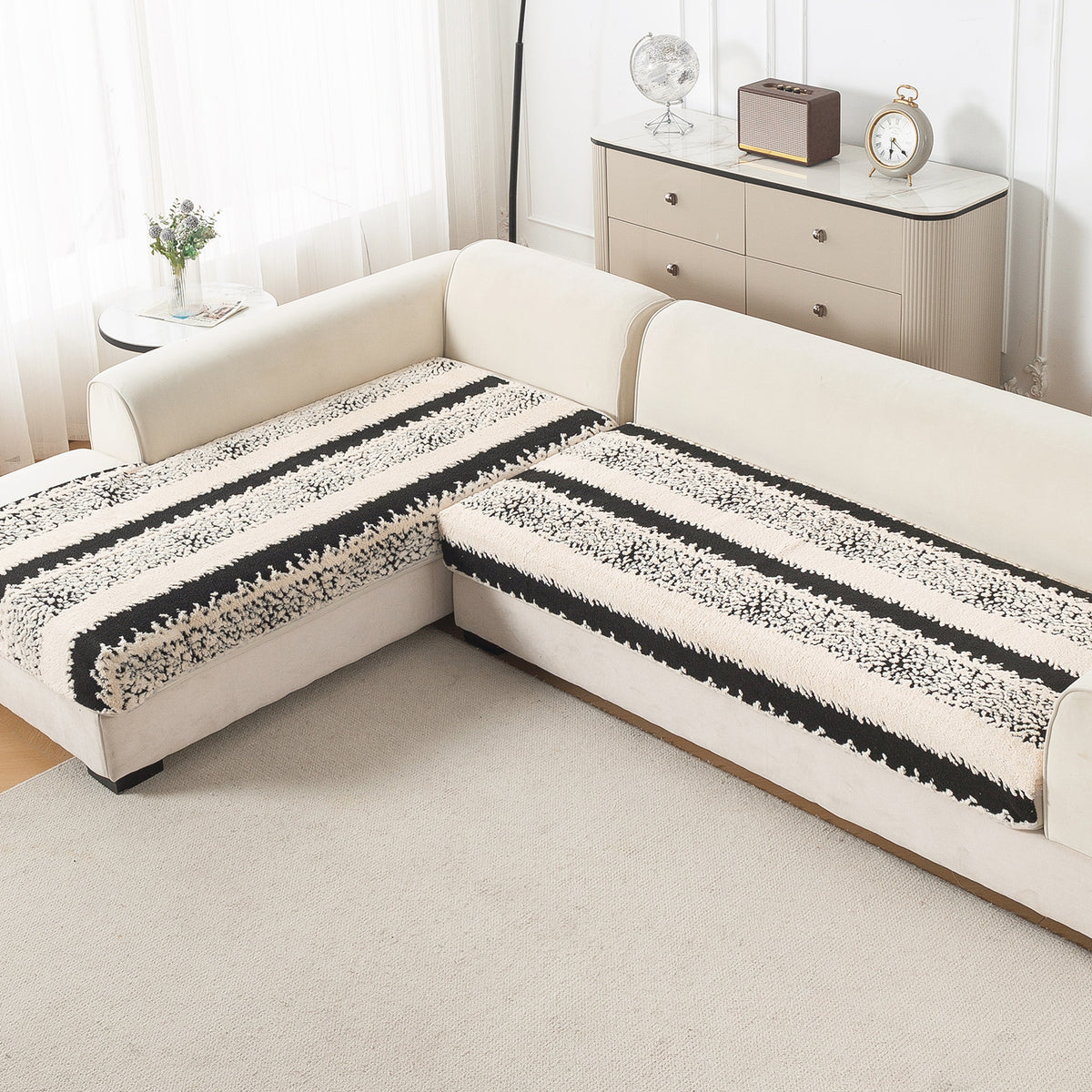 Luxury Plush Sherpa Anti Slip Combination Sofa Mat, 'Noirea Series'|Textured Stripe
