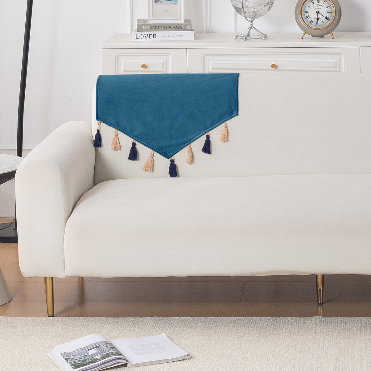 Tassel Tone Holland Velvet Sofa Cover Mat, Sea Blue