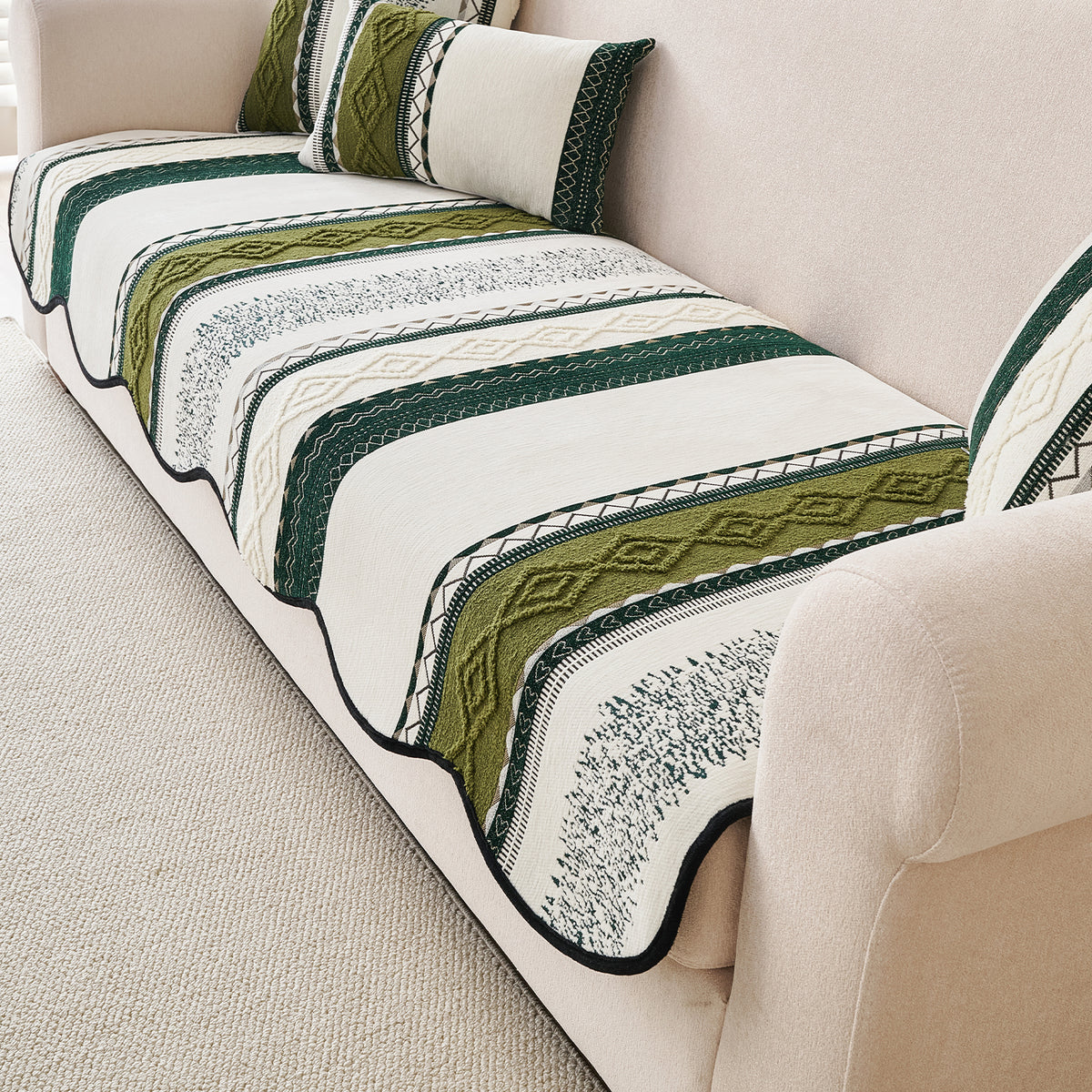 'Valenca Wavy Luxe Series' Boho Geometry Sofa Cover Mat, Moss Green