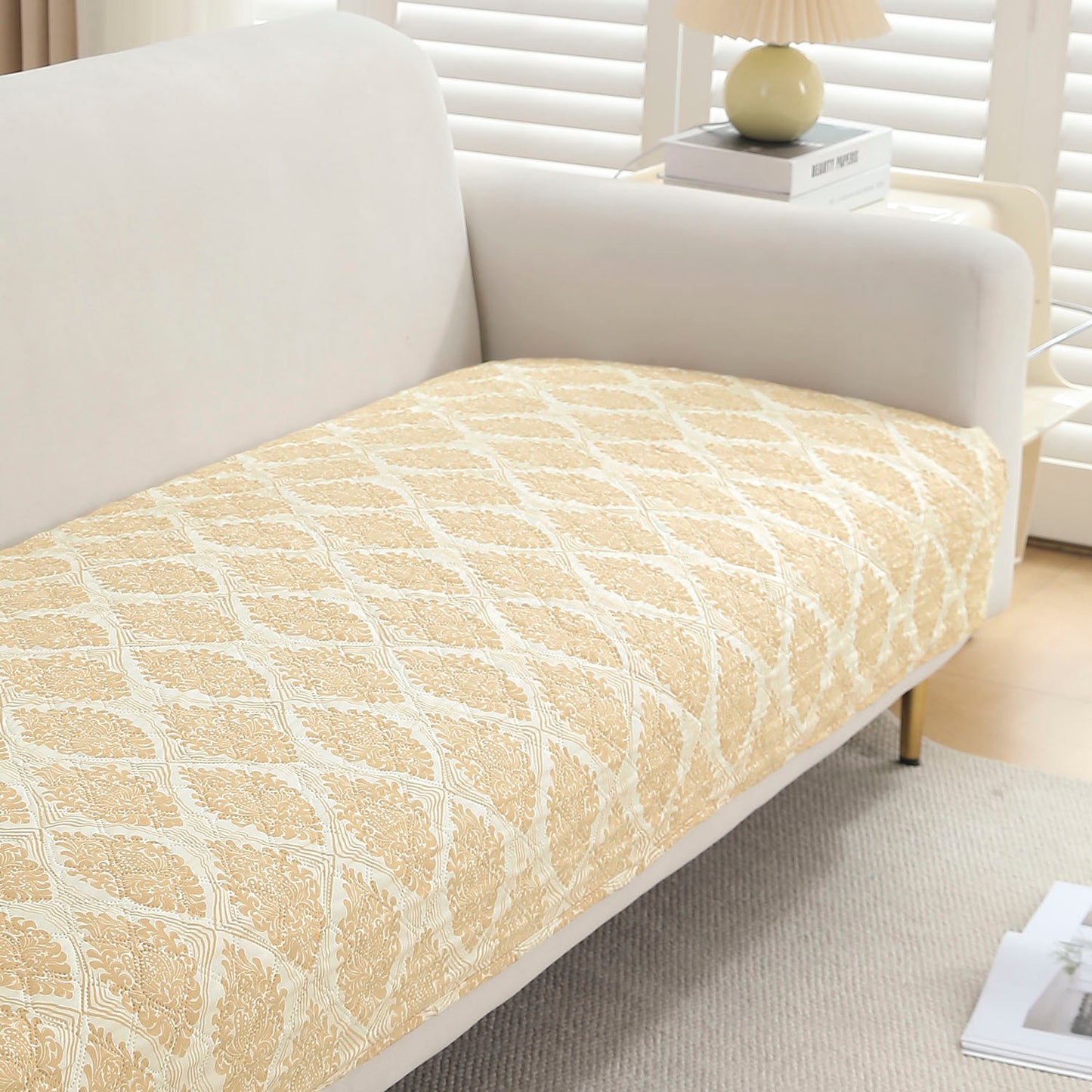 Polyester Printed Quilted Sofa Cover Mats, Ogee Ivory