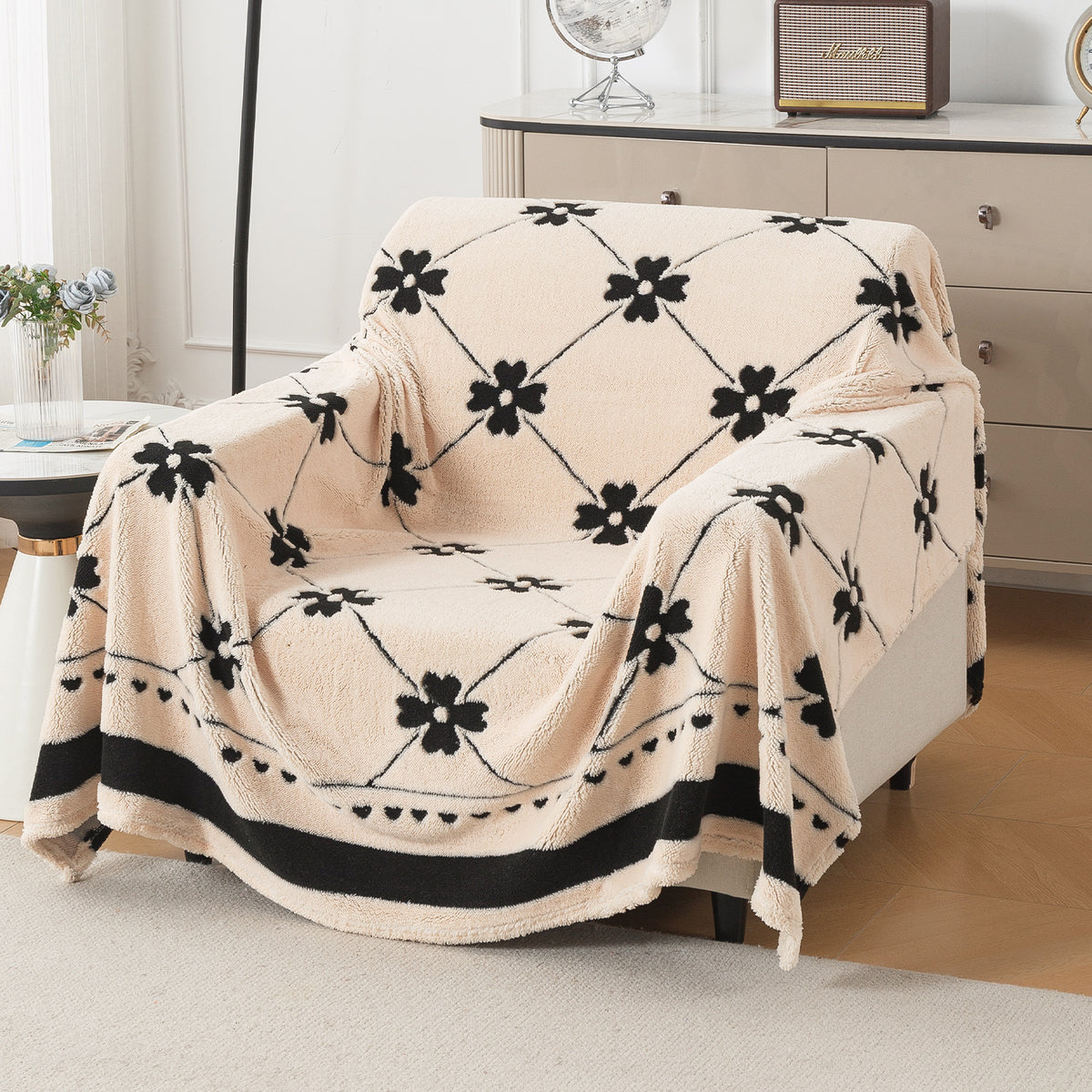 Buy Floral Lattice Design Noirea Series Plush Sherpa Sofa Throw Blanket | HOKIPO