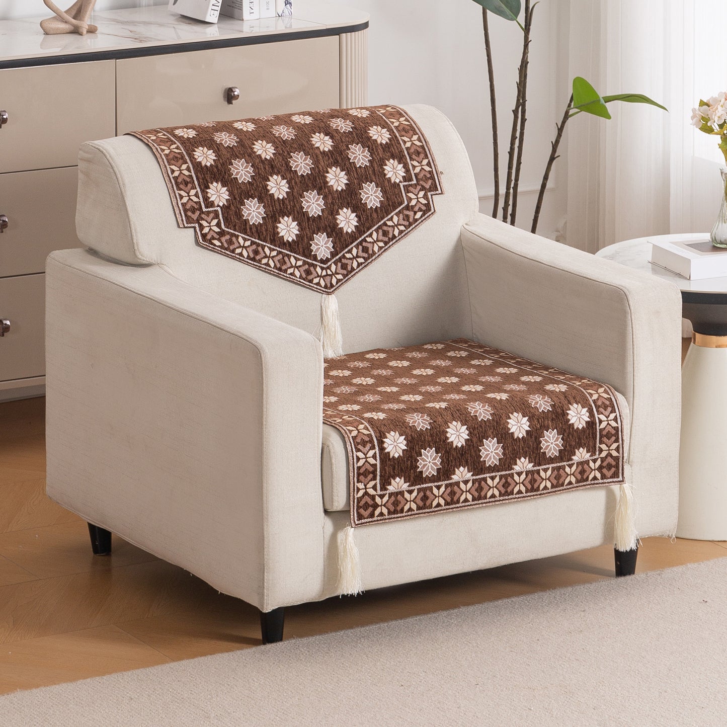 Heritage Weave Premium Jacquard Sofa Cover Set with Tassels - Russet Brown