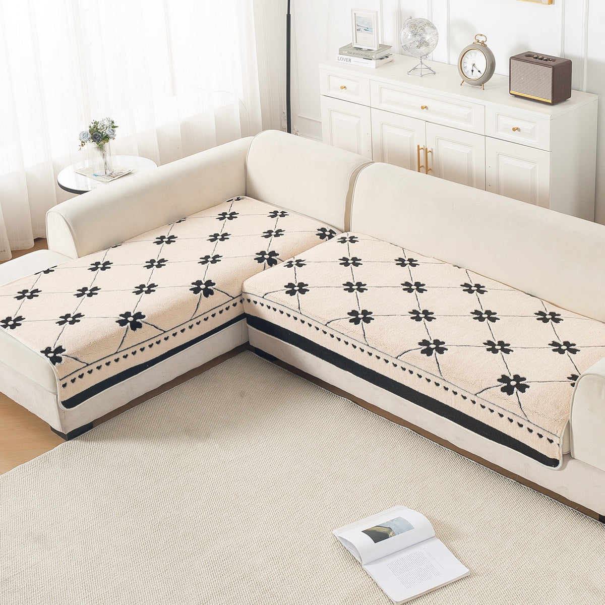 Luxury Plush Sherpa Anti Slip Combination Sofa Mat, 'Noirea Series'|Floral Lattice