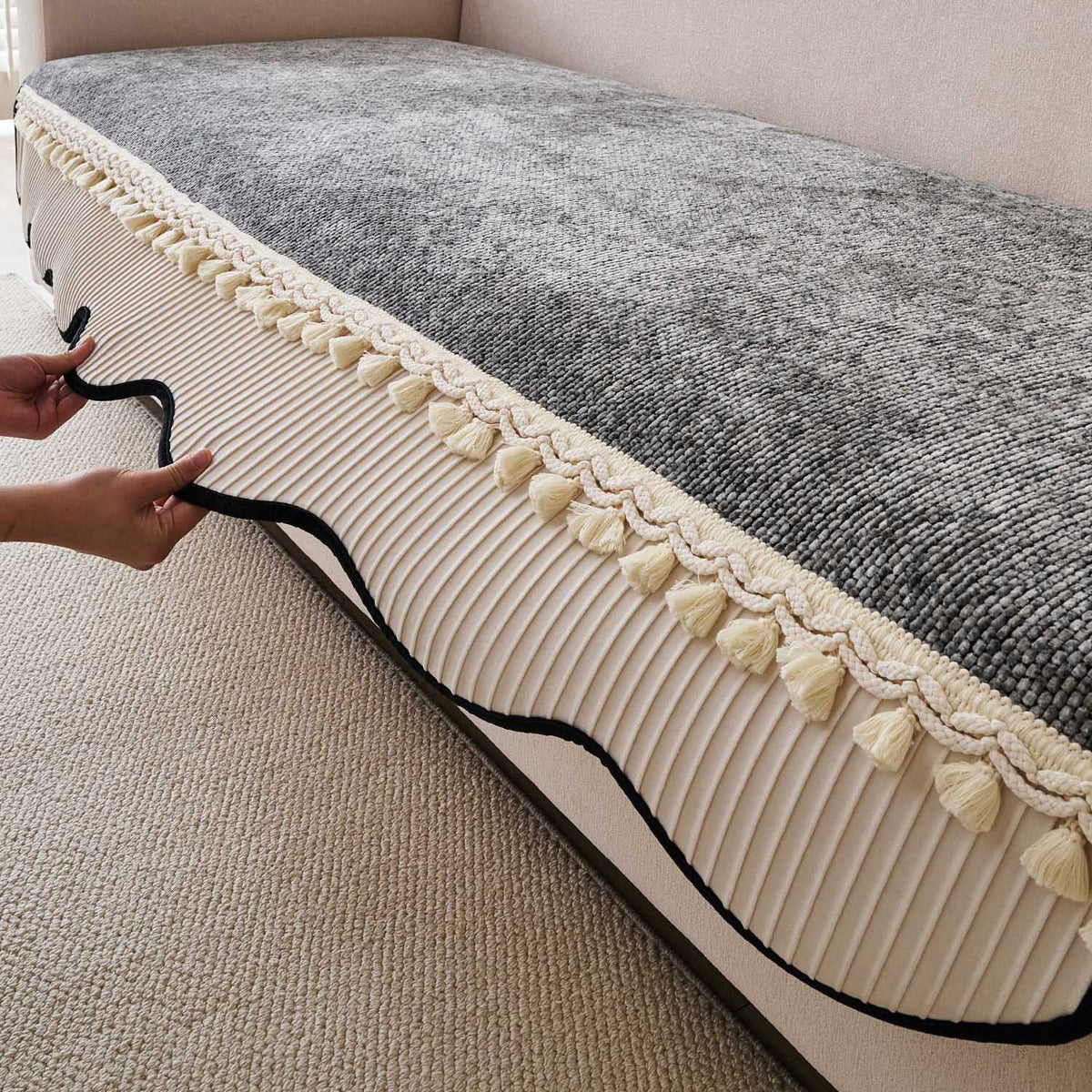 'Wavy Royale Series' Thick Woven Weave Chenille Sofa Cover with Tassel, Moon Grey
