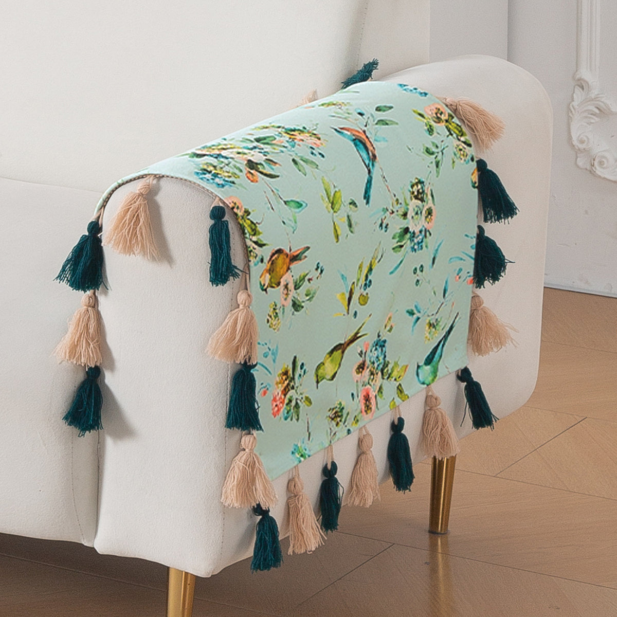 'Whispers of Nature' Series Holland Velvet Sofa Cover with Tassel, Mint Birdsong Blossom