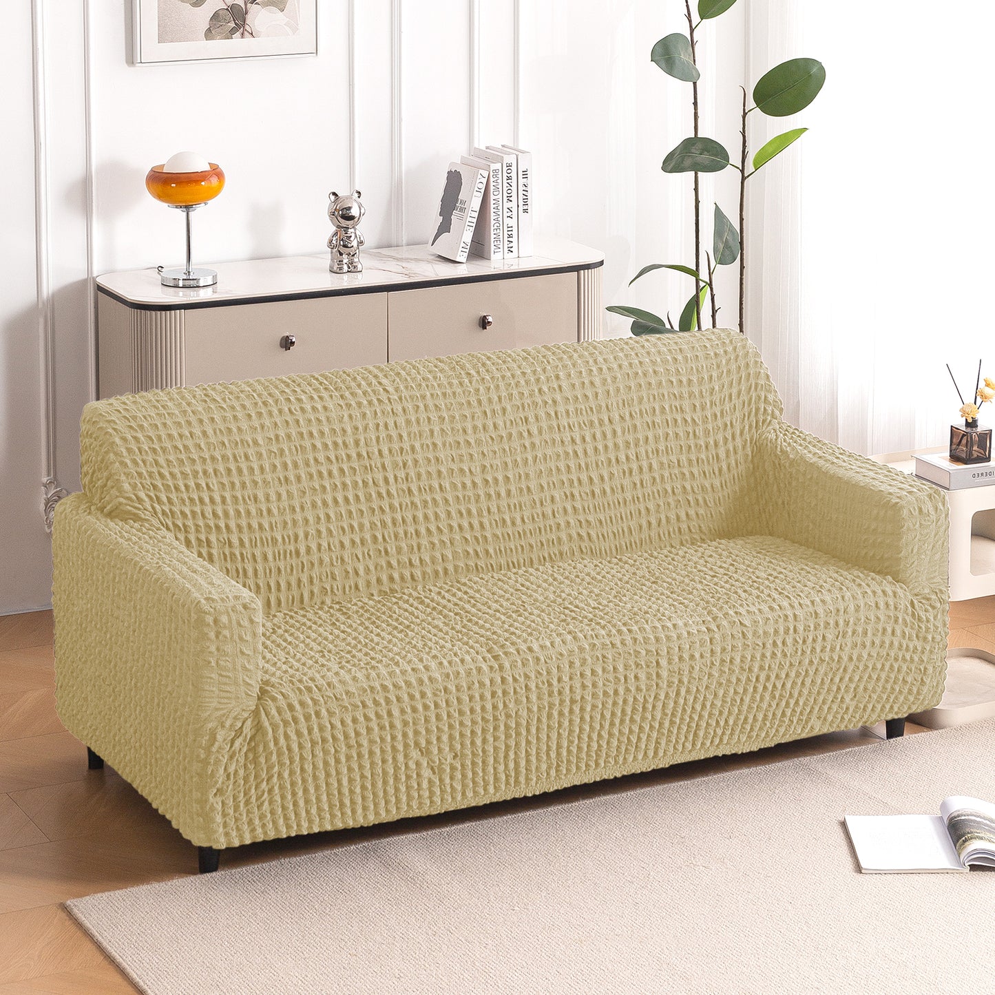 Aria Nova Elastic 280 GSM Stretchable Bubble Sofa Cover , Beige