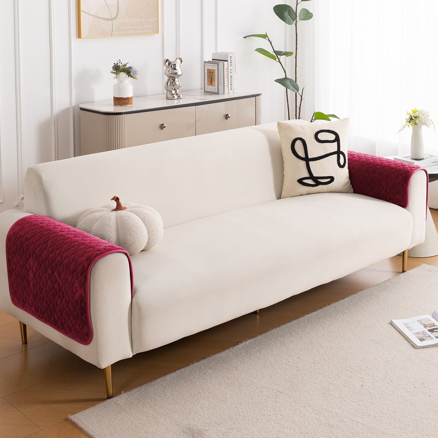 Diamond Plush Pebble Quilted Sofa Cover Mat, Wine