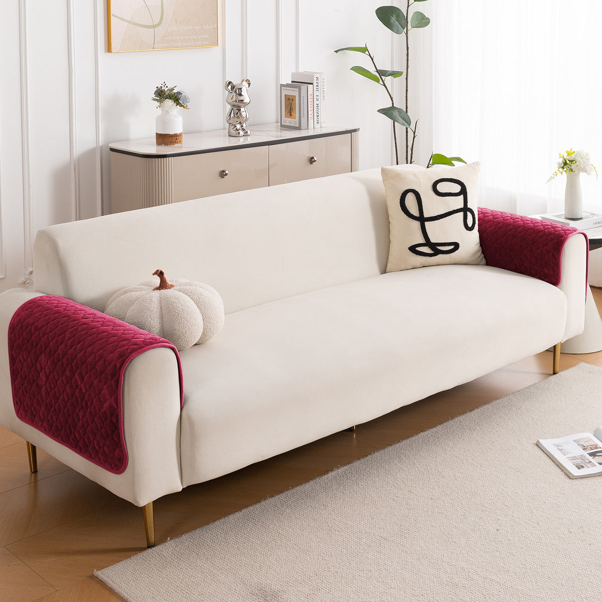 Diamond Plush Pebble Quilted Sofa Cover Mat, Wine