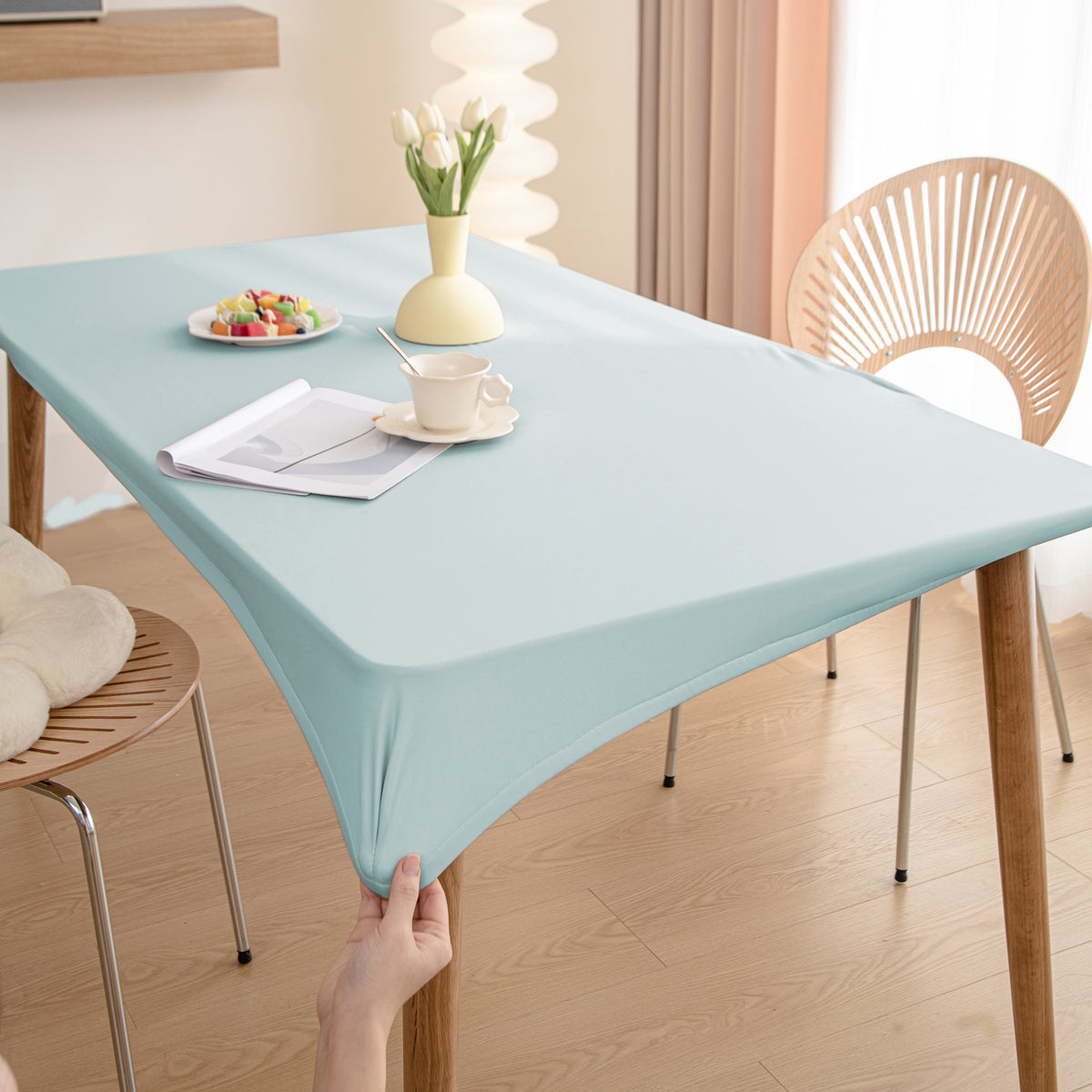 HOKIPO 100% Waterproof Non-Slip Stretch Table Cover, Sky Blue