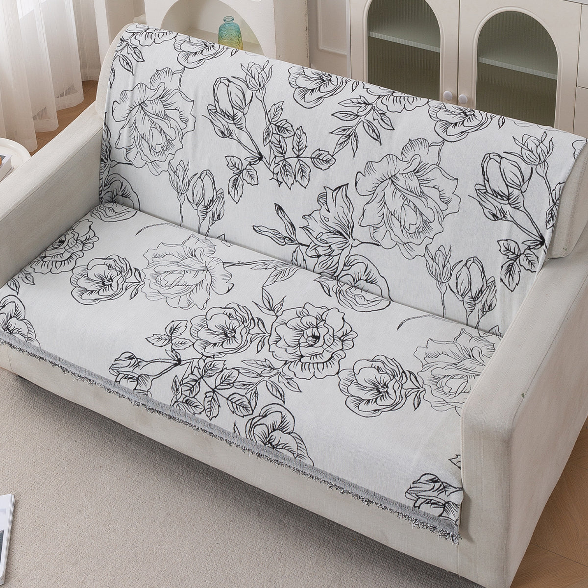 Premium 320 GSM Chenille Sofa Cover 'Serene Abode Series', White Rose Garden