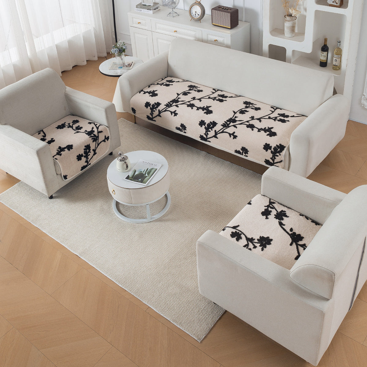 Luxury Plush Sherpa Anti Slip Combination Sofa Mat, 'Noirea Series'|Botanical Vine