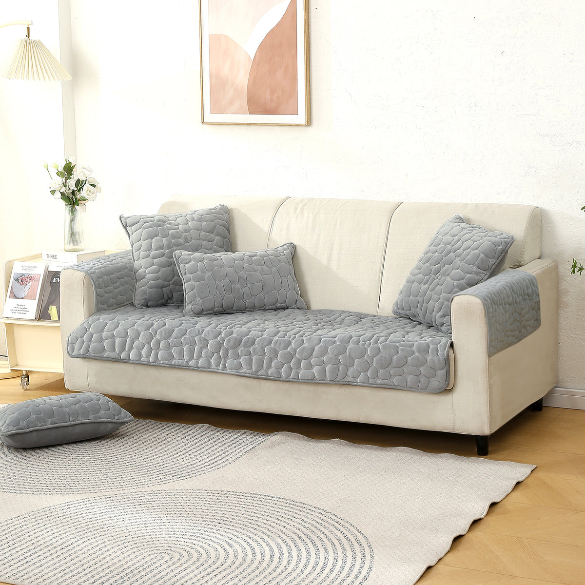 Premium Pebble Milk Velvet Anti Slip Sofa Cover Mat with 2 Armrest Cover, Moon Grey