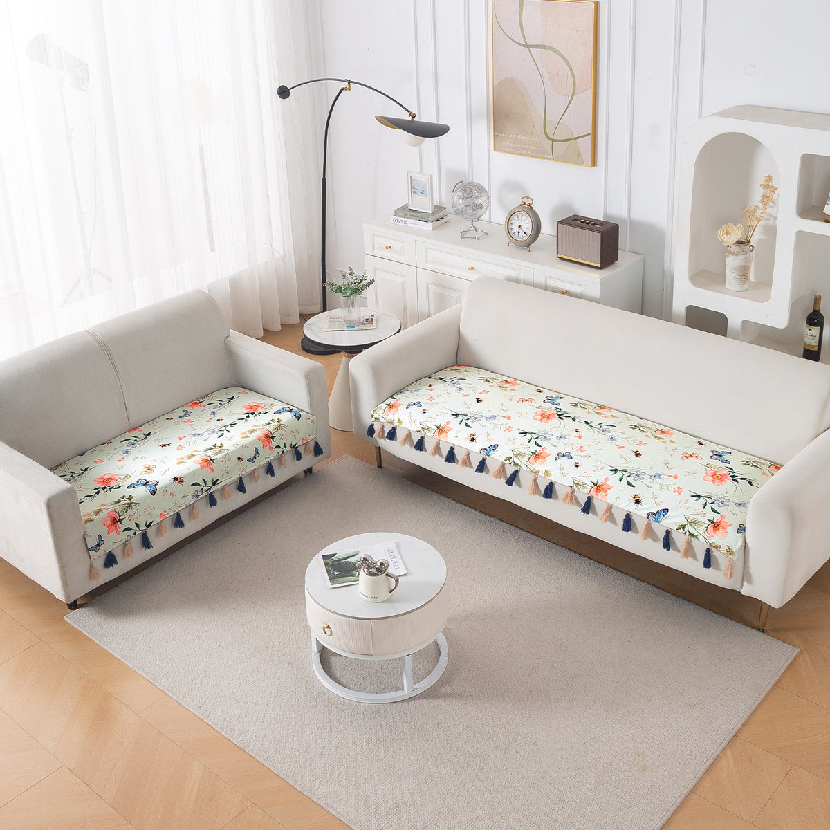 'Whispers of Nature' Series Holland Velvet Sofa Seat Mat with Tassel, Pastel Butterfly Meadow