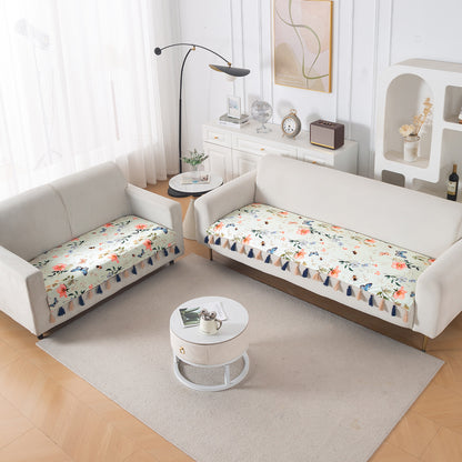 'Whispers of Nature' Series Holland Velvet Sofa Seat Mat with Tassel, Pastel Butterfly Meadow