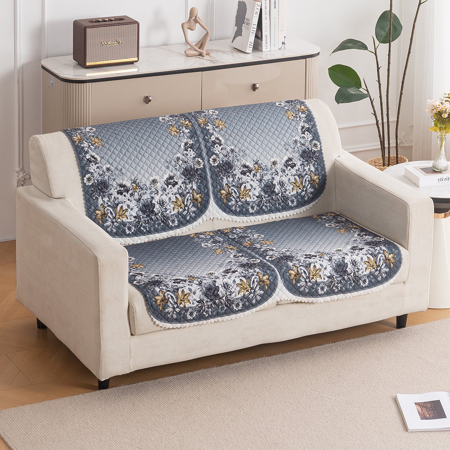 LoomVerse Quilted Sofa Cover Set Washable Sofa Panel for Seat & Back - Blue Belle