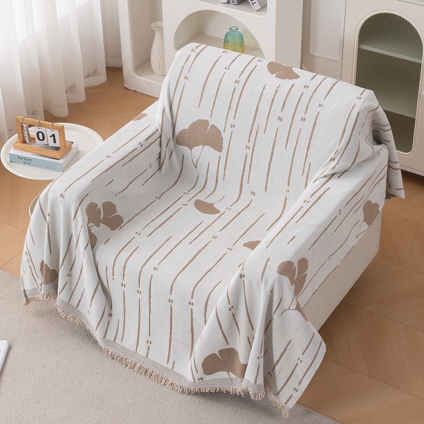 Premium 320 GSM Chenille Sofa Cover Throw All Season 'Serene Abode Series', Beige Ginkgo Lines