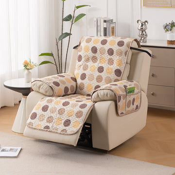 Quilted Cover for Recliner Sofa with SecureFit Belt & Side Pocket, Brown Polka Dot