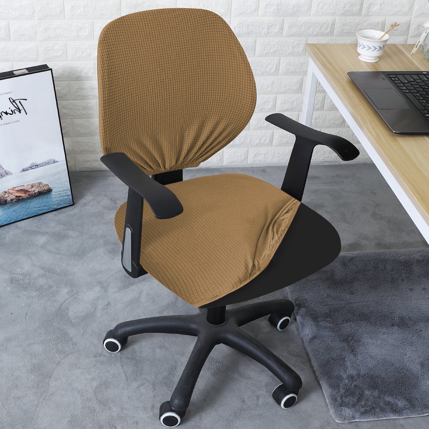 Water Repellent Office Chair Cover for Task Chair – 210 GSM Stretchable Jacquard – Washable & Anti-Slip – Fits Small Office Chairs Without Headrest, Light Brown