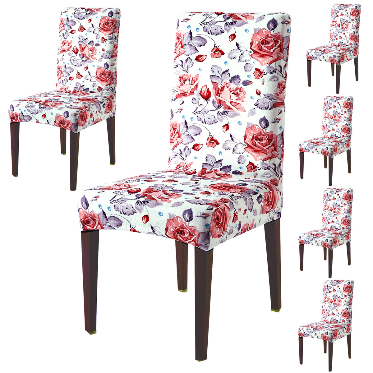 Premium Printed Velvet Dining Chair Cover Set, Red Cottage Rose