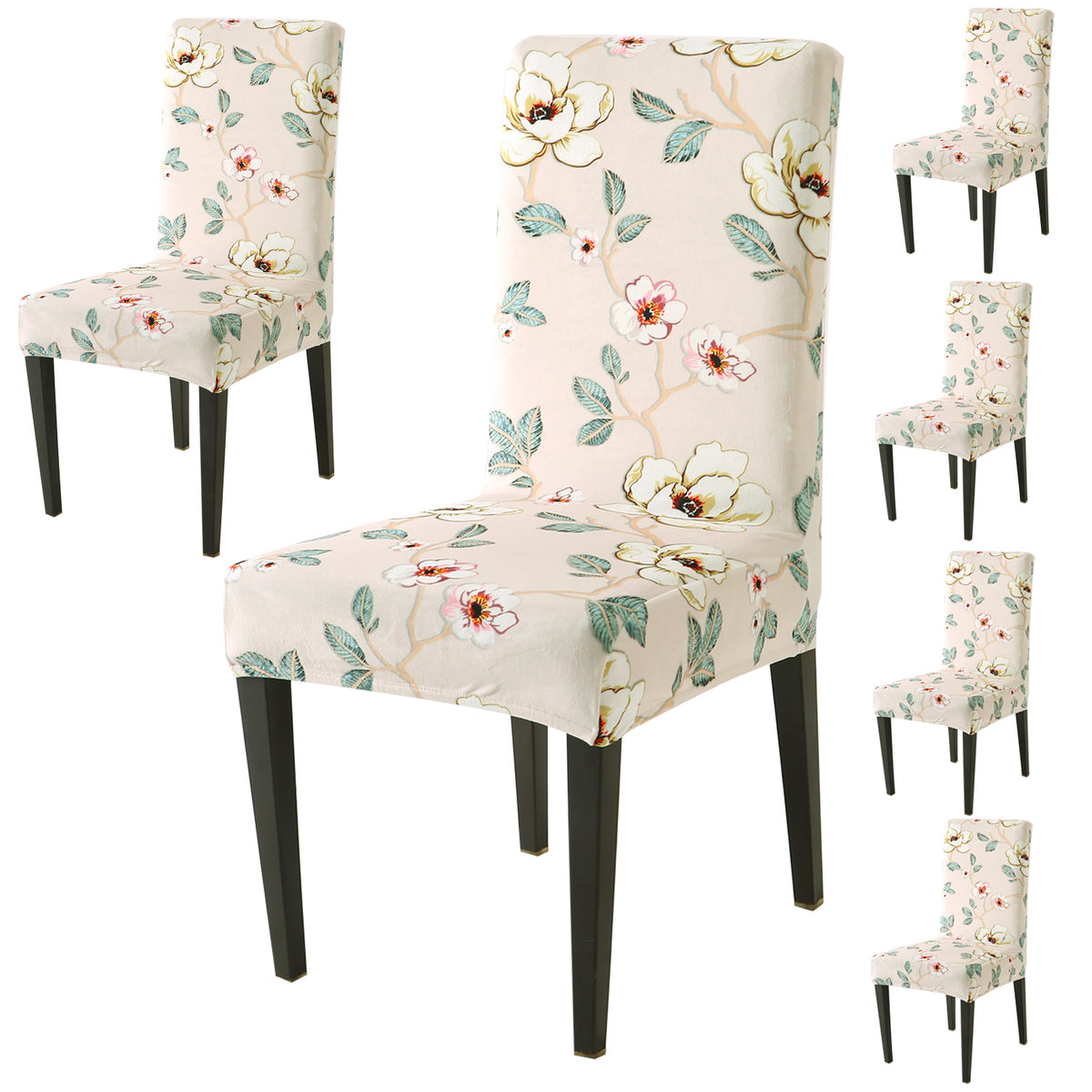 Premium Printed Velvet Dining Chair Cover Set, Buttercream Magnolia Whisper