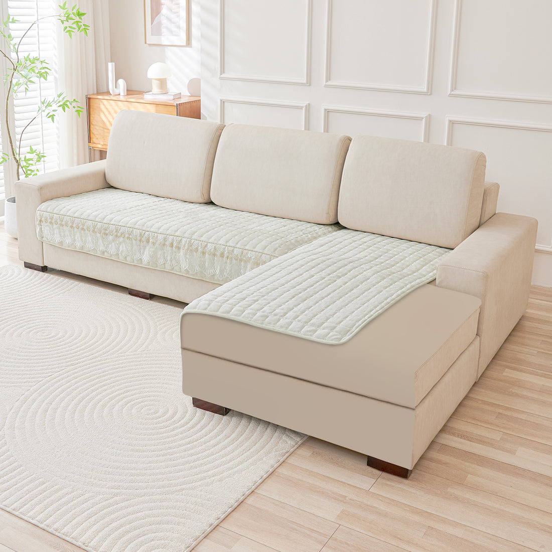 Pearl White Colour BelleLace Imperial Milk Velvet L Shape Sofa Cover