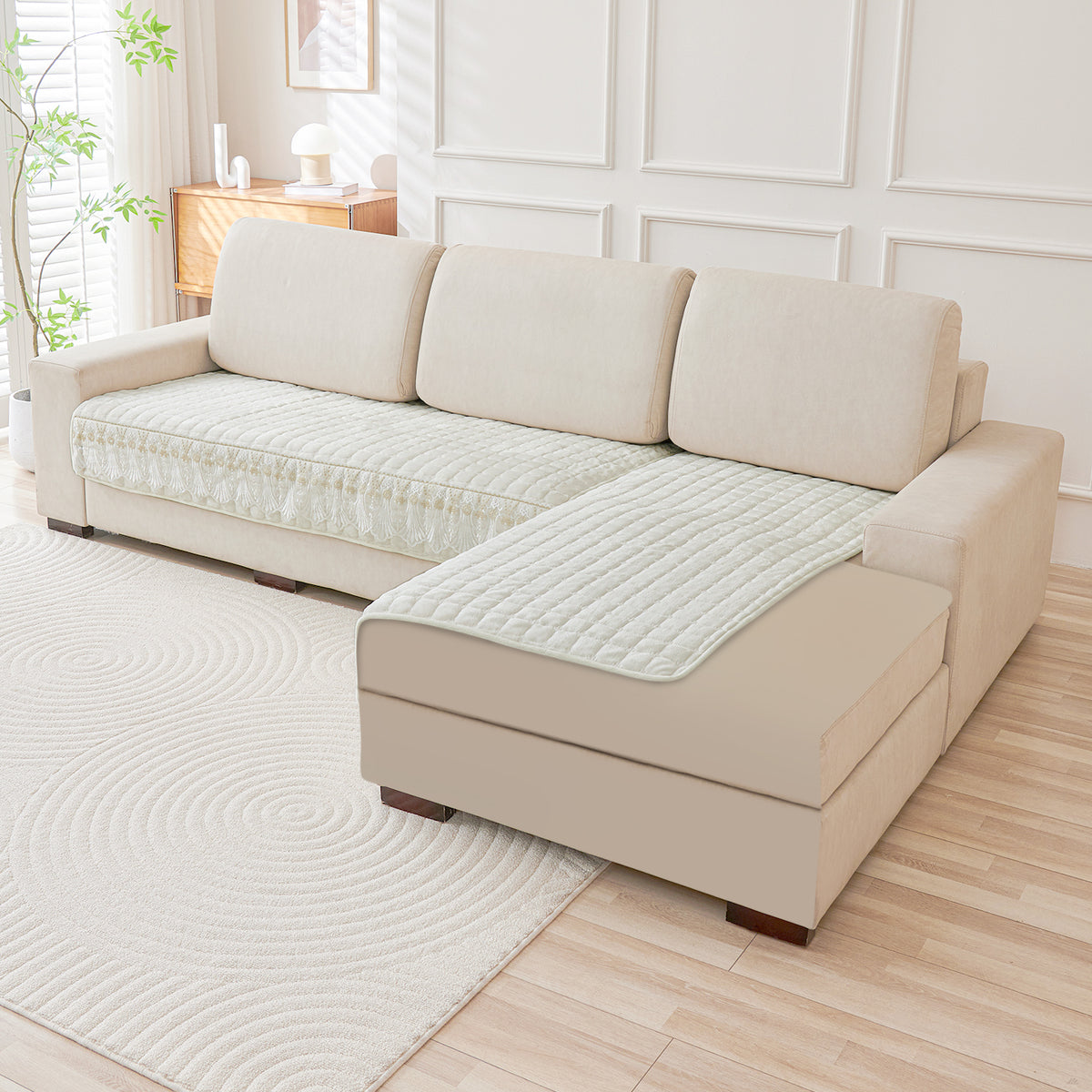 Pearl White Colour BelleLace Imperial Milk Velvet L Shape Sofa Cover