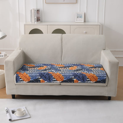 LiefNest Printed Holland Velvet Sofa Mat with Foam Filling - Tropical Leaves Dusk Blue for 1/2/3 Seater & Armrest