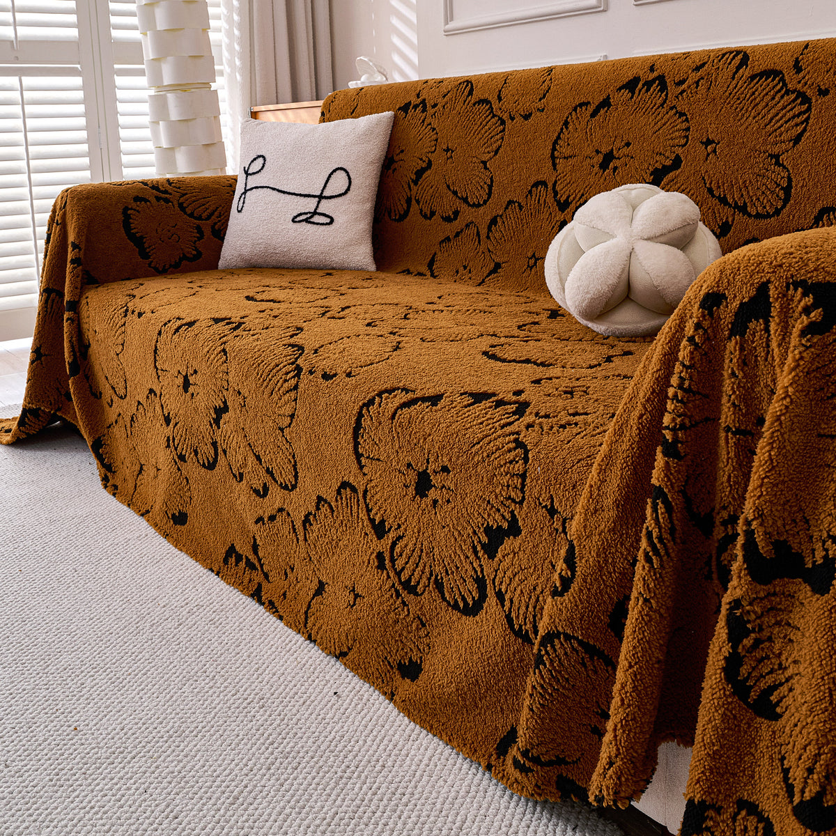 Buy Rustic Caramel Colour Camellia Blossom Luxury Plush Sofa Throw – 3 Seater Sofa | HOKIPO
