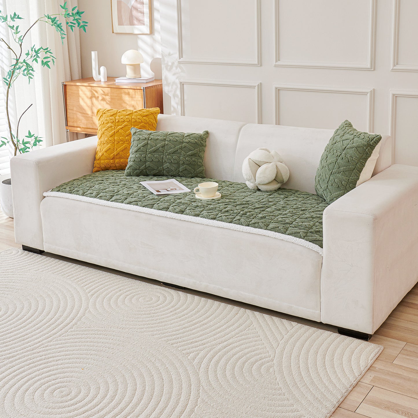 'Italian Caelora' Luxury Jacquard Plush Sofa Cover Mat and Anti-Slip Armrest Covers - Sage Green