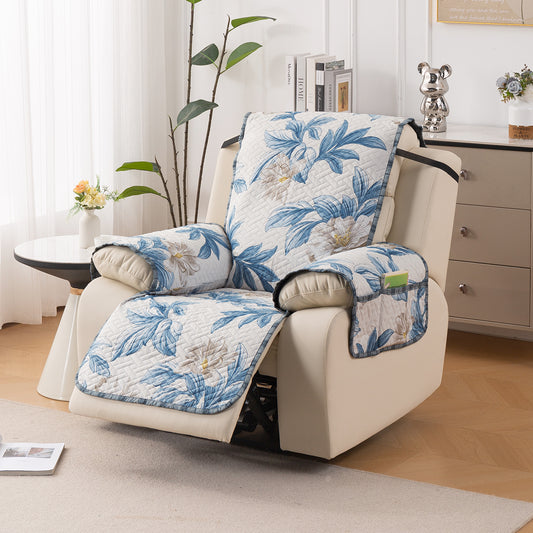 Quilted Cover for Recliner Sofa with SecureFit Belt & Side Pocket, Celadon Blue Camellia