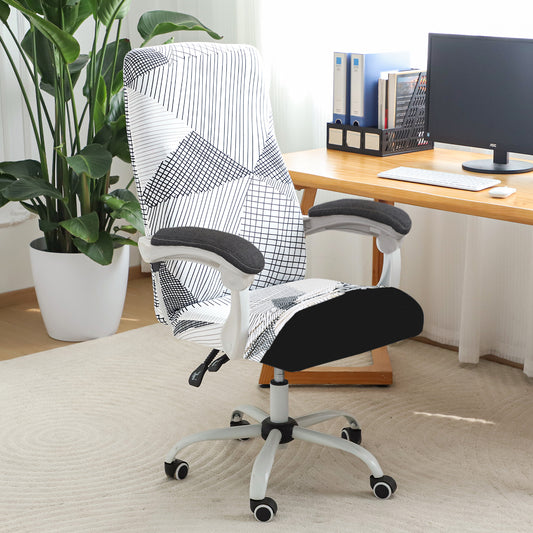 Printed Office Chair Cover for Executive Chair (High-Back) – 140 GSM Stretchable Fabric – Washable & Anti-Slip – Fits Big & Tall Office Chairs, Snow White Black Geometry