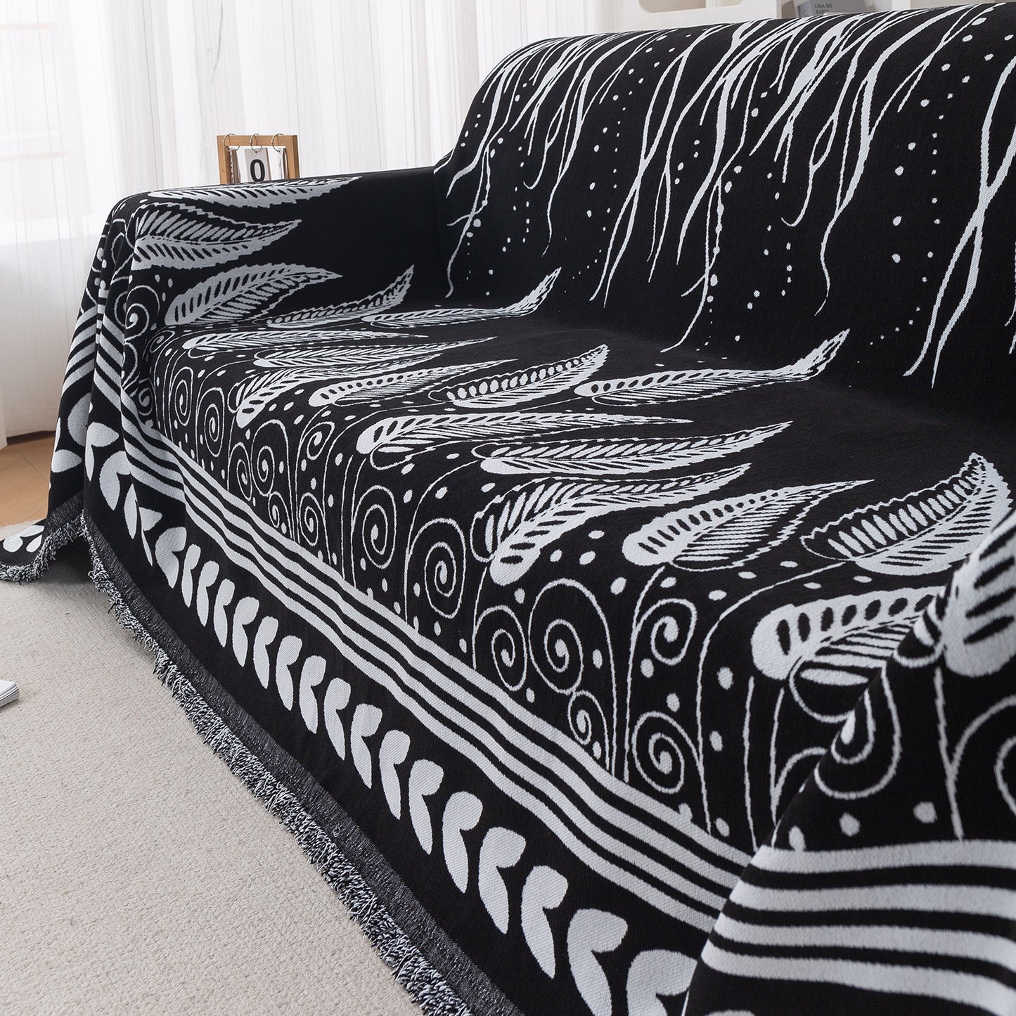 Premium 320 GSM Chenille Sofa Cover Throw All Season 'Serene Abode Series', Black Fern Tribal