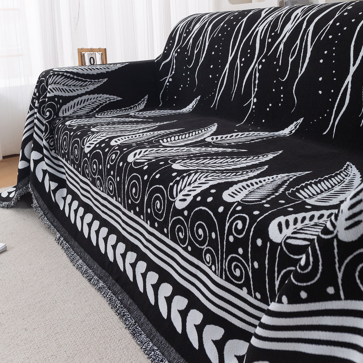 Premium 320 GSM Chenille Sofa Cover Throw All Season 'Serene Abode Series', Black Fern Tribal