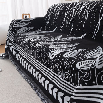 Premium 320 GSM Chenille Sofa Cover Throw All Season 'Serene Abode Series', Black Fern Tribal