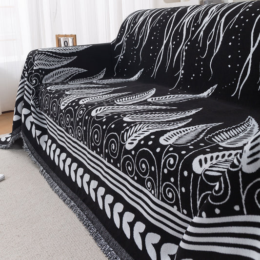 Premium 320 GSM Chenille Sofa Cover Throw All Season 'Serene Abode Series', Black Fern Tribal