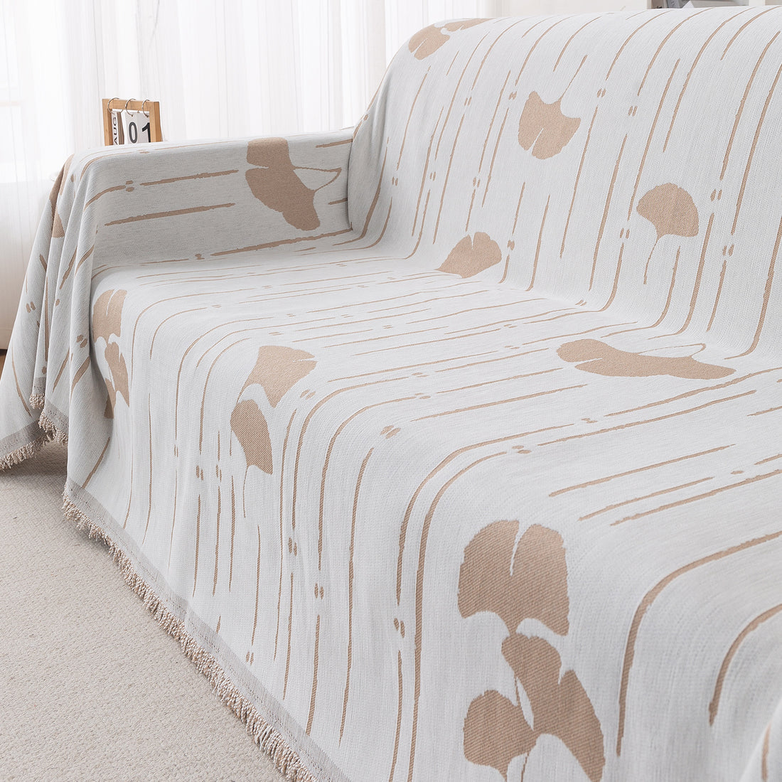 Buy Beige Ginkgo Lines Serene Abode Chenille 3 Seater Sofa Throw | HOKIPO