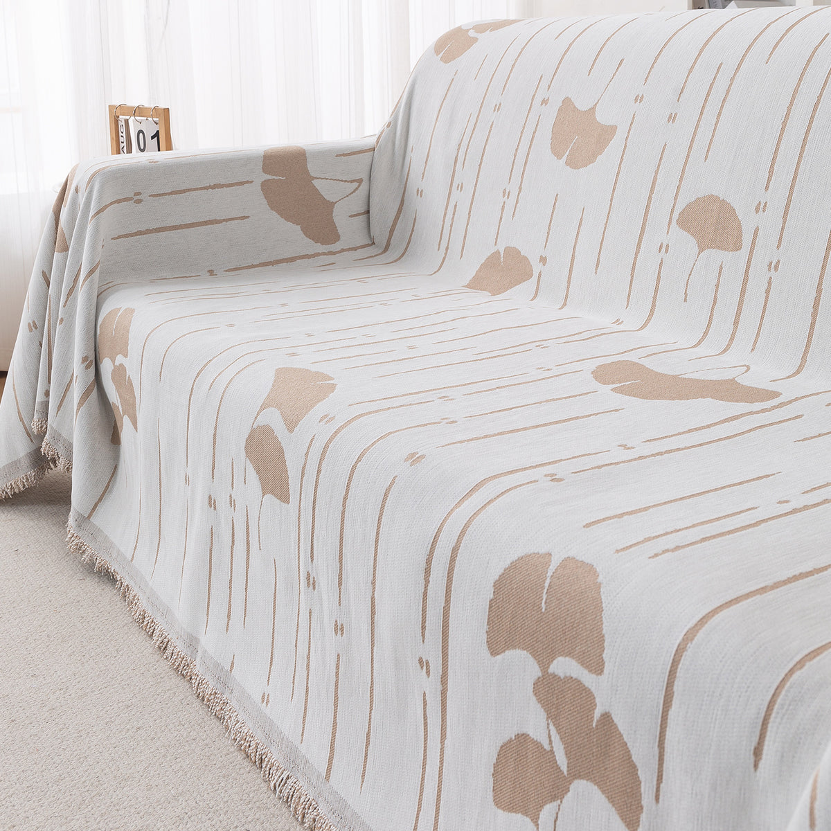 Buy Beige Ginkgo Lines Serene Abode Chenille 3 Seater Sofa Throw | HOKIPO