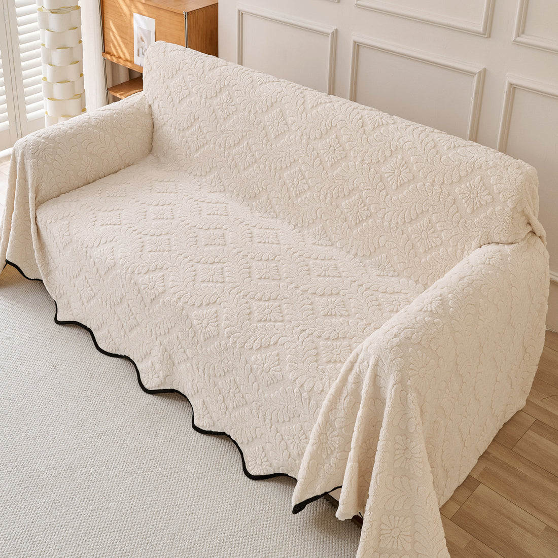 Buy Light Cream Colour Wavy Petal Crest Series Plush Sofa Throw for Complete Sofa | HOKIPO