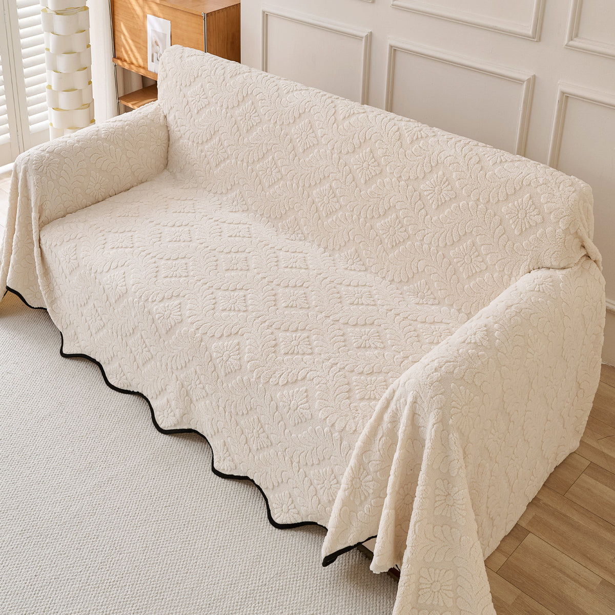 Buy Light Cream Colour Wavy Petal Crest Series Plush Sofa Throw for Complete Sofa | HOKIPO