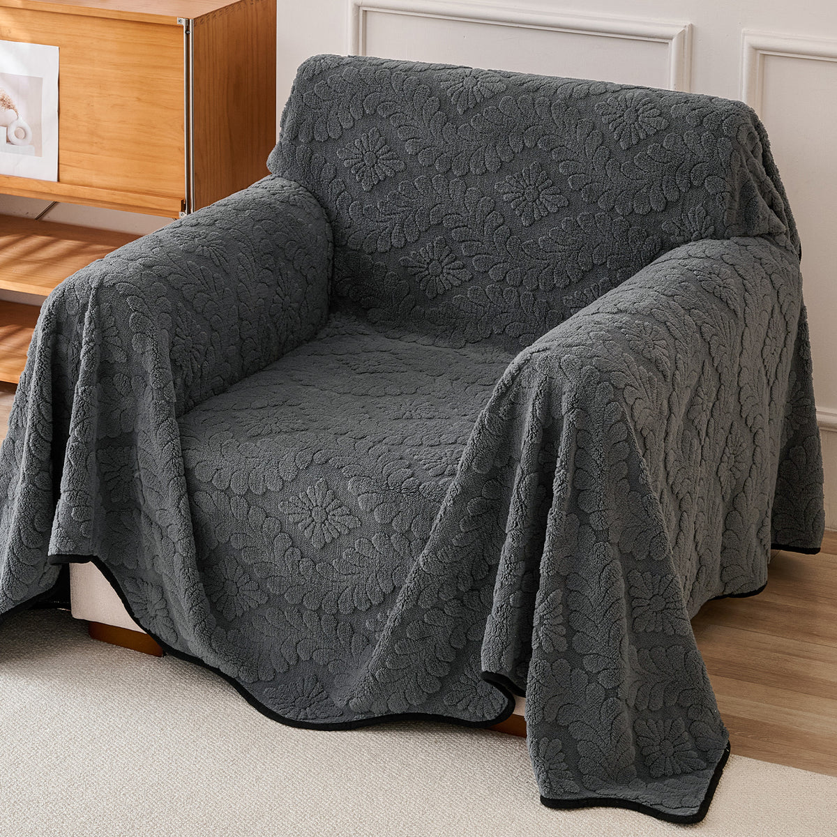 Buy Charcoal Grey Colour Wavy Petal Crest Series Plush Sofa Throw Cover | HOKIPO 